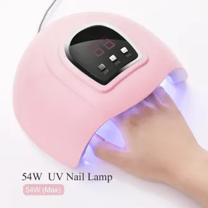 Pink 54W UV LED nail lamp with 3 timer settings and hand inside for curing
