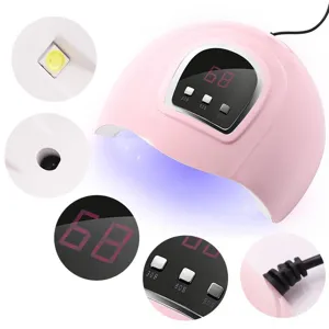 Detailed shots of a pink 54W LED nail lamp featuring a digital display and timer buttons