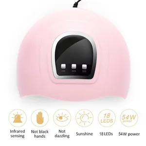 Pink 54W LED nail lamp dryer featuring 18 LEDs, infrared sensor, and 3 timing settings
