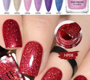 Dettaglio macro dello smalto glitterato laser rosso HP08 che mostra la texture brillante