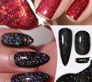 Dettaglio macro dello smalto nero olografico laser glitterato con effetto scintillante HP12