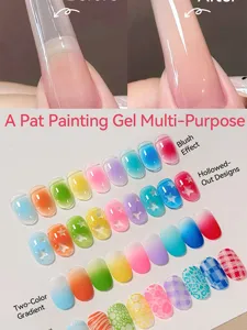 Multi-purpose nail gel demonstrating blush, gradient, and hollowed-out art effects.