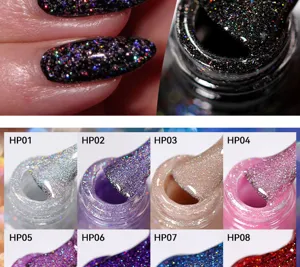 Dettaglio ravvicinato delle varie tonalità di smalto per unghie glitter laser HP01-HP08