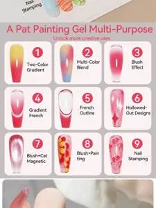 Demonstration of nine different nail art styles created with multi-purpose painting gel.