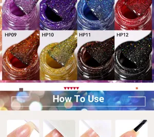 Vista macro degli smalti glitter laser e istruzioni per l'applicazione passo dopo passo
