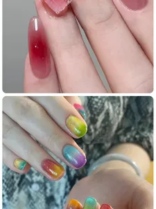 Macro detail of gradient smudge nail art showing colorful blush and glitter effects
