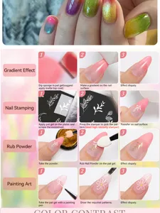 Step-by-step tutorial for nail pat gel showing gradient, stamping, and painting effects