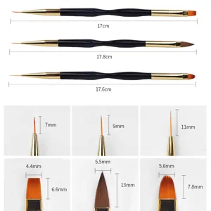 Professional dual-ended nail art brush set with precise dimension details for UV gel