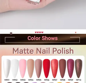 Gedetailleerde kleurstalen van matte sneldrogende nagellak in diverse nude tinten