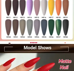 Matte nagellakkleuren MP11-MP28 en model met rode matte afwerking gedetailleerd
