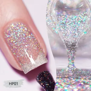 Gedetailleerd overzicht van zilveren holografische laserglitternagellak effect