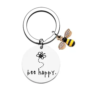 Stainless steel keychain with engraved bee happy tag and a crystal bee charm detail