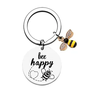 Bee Happy Inspirational Stainless Steel Keychain With Enamel Bee Charm Motivational Quote Metal Key Ring Gift For Friends Family
