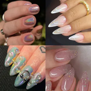 Detailopname van verschillende holografische en glitter nagellakeffecten op amandelvormige nagels