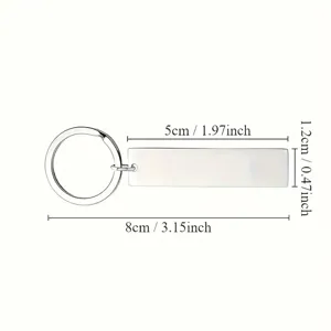 Detailed size chart showing dimensions of the rectangular stainless steel keychain