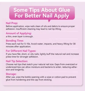 Conseils utiles pour l'application de colle à ongles et instructions de stockage.