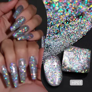 Macro-detail van holografische zilveren laserglitter nagellak met HP01 kleursample