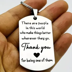 Engraved stainless steel dog tag keychain with 'Thank you' inspirational quote for gifts