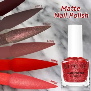 LILY'CUTE matte snel drogende nagellak met rode glitters en nude tinten op wit marmer