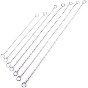 Collection of various lengths of stainless steel snake chain collars for dog training