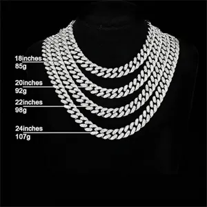 Detailed size and weight comparison for silver iced-out Cuban link necklaces on mannequin