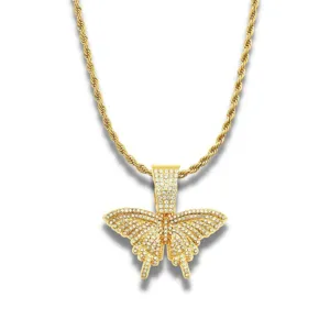 Iced out butterfly pendant necklace with rhinestone sparkling in gold finish