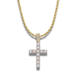 Gold rope chain necklace with iced out crystal cross pendant hip-hop style