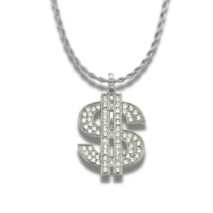 Close-up of hip-hop silver dollar sign pendant necklace with iced out rhinestones