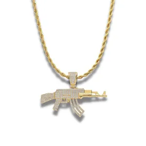 Hip hop style gold AK-47 pendant necklace fully iced out with crystals