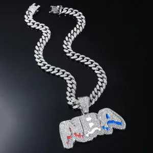 Shiny iced out hip-hop Cuban link necklace with large NBA letter pendant and rhinestones