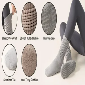 Detailed features of gray non-slip yoga socks with terry cushion and seamless toe