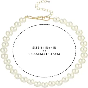 Detailed macro view of pet pearl necklace showing 14 plus 4 inch size specifications