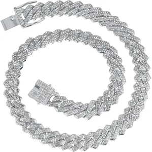 14mm Iced Out Silver Cuban Link Necklace with Full Diamond Inlay for Hip Hop Style