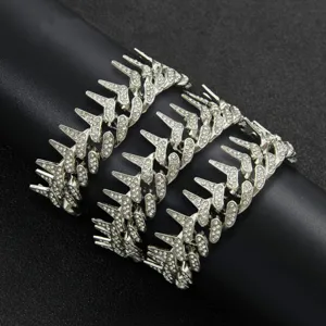 Bold hip hop style iced out spiky Cuban link chain necklace with silver rhinestones