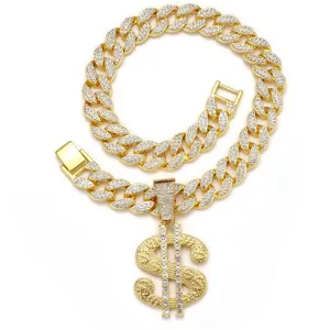 Goldene Strass Haustier Kuba Kette mit Dollar Anhänger, Luxus Hunde Halsband Detailansicht.
