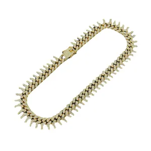 Iced out hip hop spiked gold Cuban link necklace with full diamond rhinestones