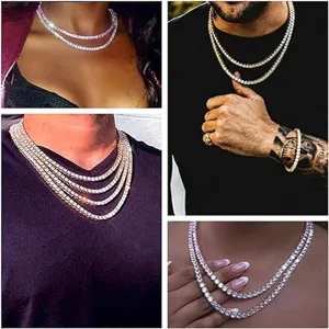 Detailed view of sparkling hip hop tennis chain necklaces in gold and silver finishes