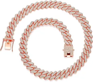 Detailed view of rose gold iced out Cuban link chain with double row rhinestones