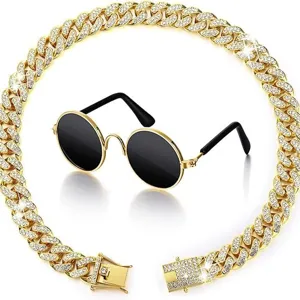 Goldenes eisiges kubanisches Kettenhalsband und runde Sonnenbrille Set Haustier Hund Zubehör