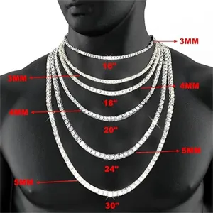 Multiple sizes of silver tennis necklaces shown on a male mannequin with length labels