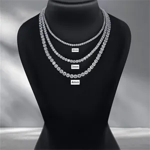 Close-up comparison of 2mm, 3mm, and 4mm tennis necklaces on a black display bust