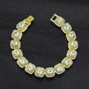 Gold-tone crystal square link fashion bracelet hip hop style statement jewelry piece for men.