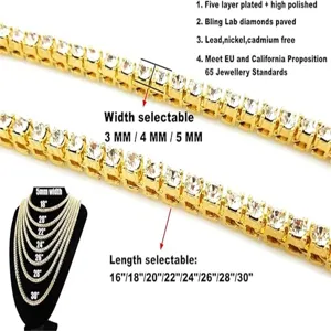 Detailed view of gold tennis necklace with specifications for width and chain length