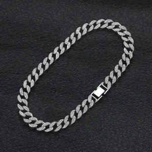 Iced out silver Cuban link chain necklace with sparkling rhinestones for hiphop style