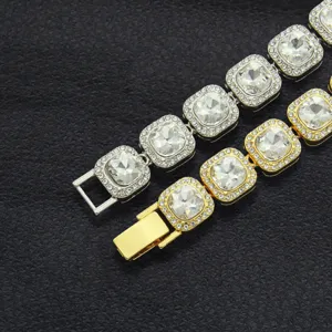 Men's hip hop full rhinestone square link necklace in gold and silver fashion jewelry