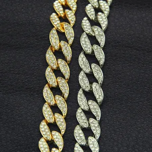 Iced out hip hop Cuban link necklaces in gold and silver finish with full rhinestones.