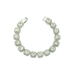 Silver tone square crystal link bracelet fashion rhinestone jewelry for men and women