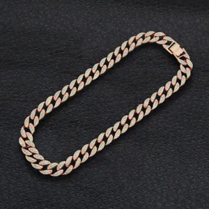 Iced out rose gold Cuban link necklace with sparkling rhinestones for hip hop style