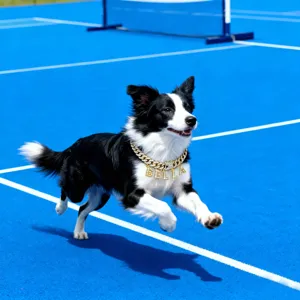 Nahaufnahme eines Hundes mit goldenem Panzerkettenhalsband und 'BELLA'-Anhängern