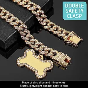 Collana per animali a maglia cubana dorata con strass e doppia chiusura di sicurezza